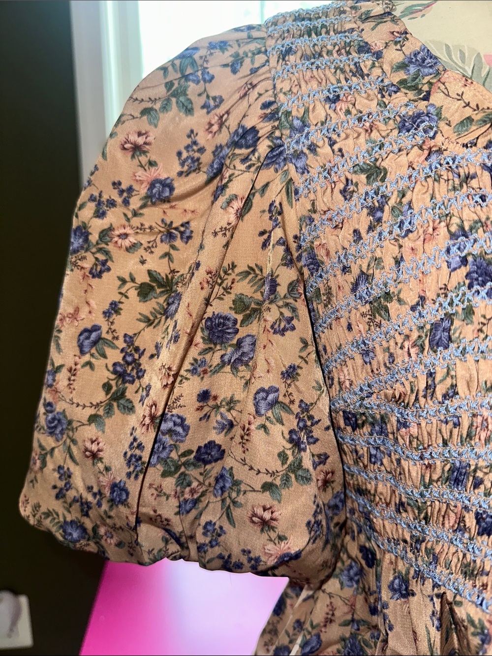 Free the Roses Blue Floral Smocked Peplum Top on Tan